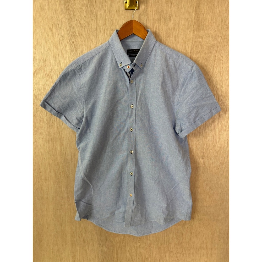 Zara Man Slim Fit Short Sleeve Button Down Shirt Light Blue XL Made in Morocco